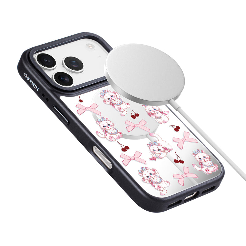NIMASO iPhone 17/Pro/Pro Max/Air用 ケース MagSafe対応 ミラー かわいい おしゃれ 耐衝撃 ワイヤレス充電対応（ファンシーシリーズ）ホワイトキャット