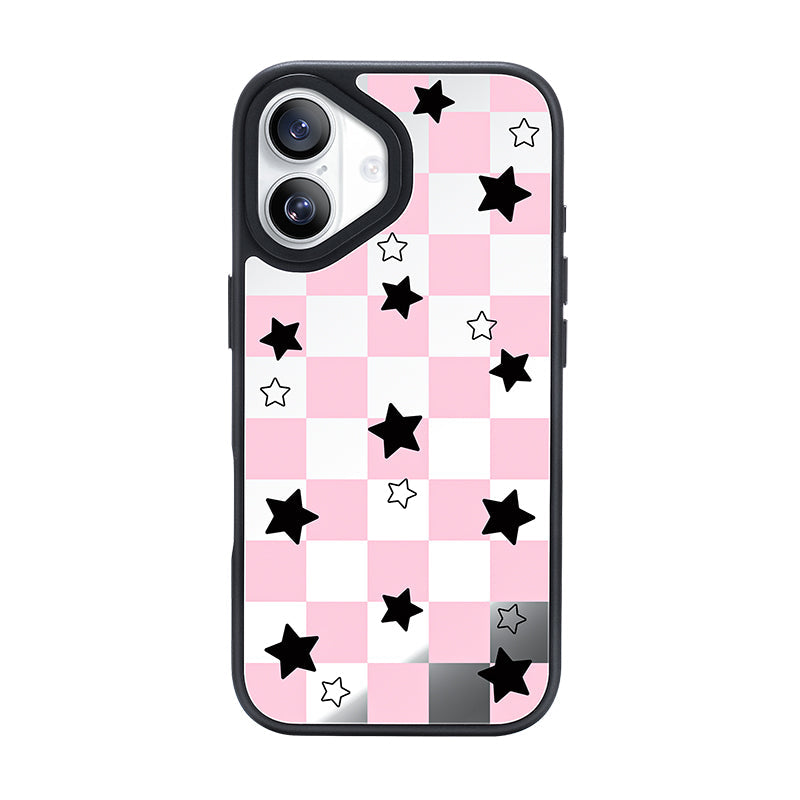 NIMASO iPhone 17/Pro/Pro Max用 ケース MagSafe対応 可愛い ミラー おしゃれ 耐衝撃 ワイヤレス充電対応（ファンシーシリーズ）チェッカー柄 ピンク