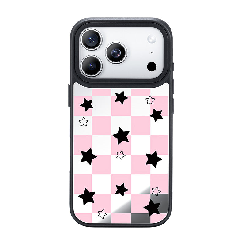 NIMASO iPhone 17/Pro/Pro Max用 ケース MagSafe対応 可愛い ミラー おしゃれ 耐衝撃 ワイヤレス充電対応（ファンシーシリーズ）チェッカー柄 ピンク