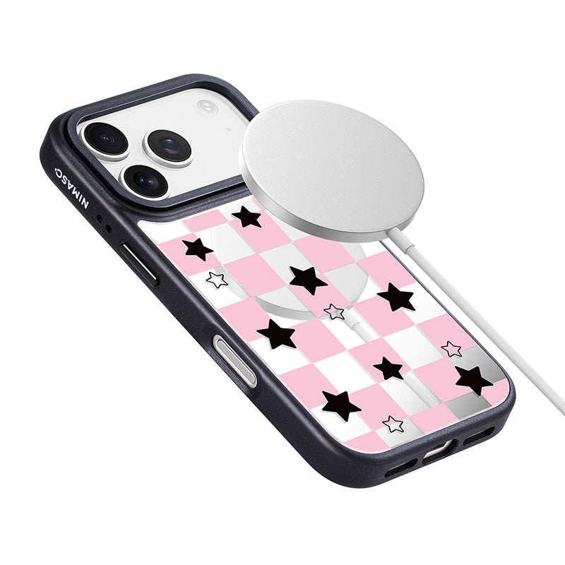 NIMASO iPhone 17/Pro/Pro Max用 ケース MagSafe対応 可愛い ミラー おしゃれ 耐衝撃 ワイヤレス充電対応（ファンシーシリーズ）チェッカー柄 ピンク