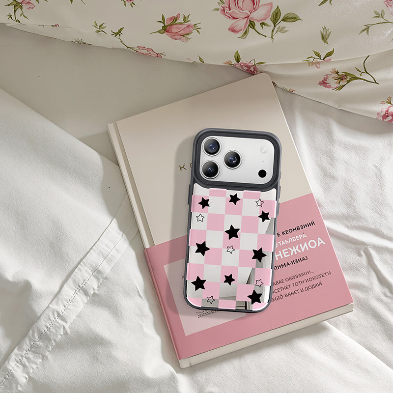 NIMASO iPhone 17/Pro/Pro Max用 ケース MagSafe対応 可愛い ミラー おしゃれ 耐衝撃 ワイヤレス充電対応（ファンシーシリーズ）チェッカー柄 ピンク