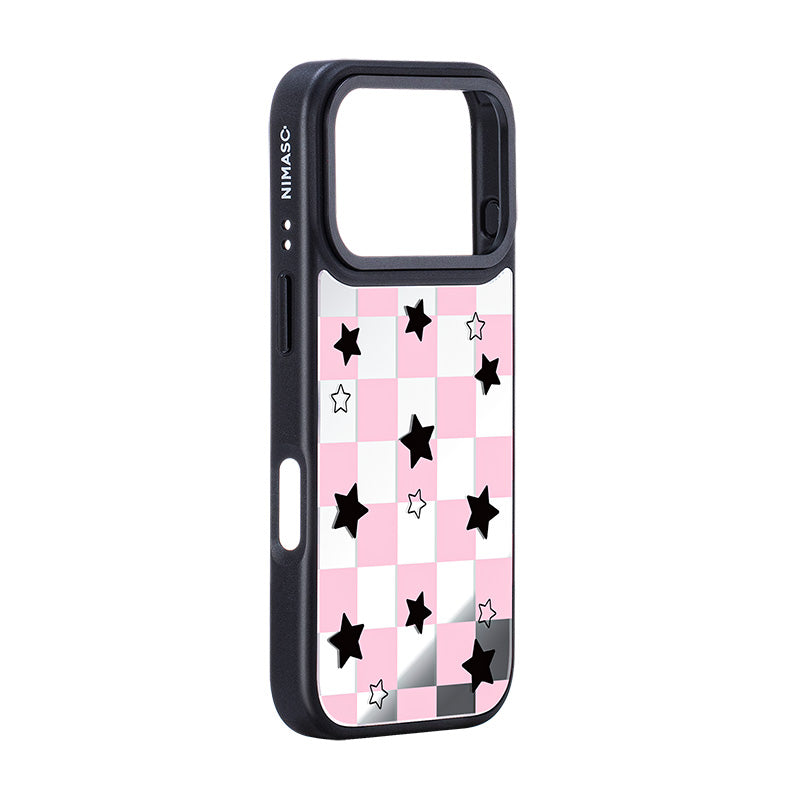 NIMASO iPhone 17/Pro/Pro Max用 ケース MagSafe対応 可愛い ミラー おしゃれ 耐衝撃 ワイヤレス充電対応（ファンシーシリーズ）チェッカー柄 ピンク