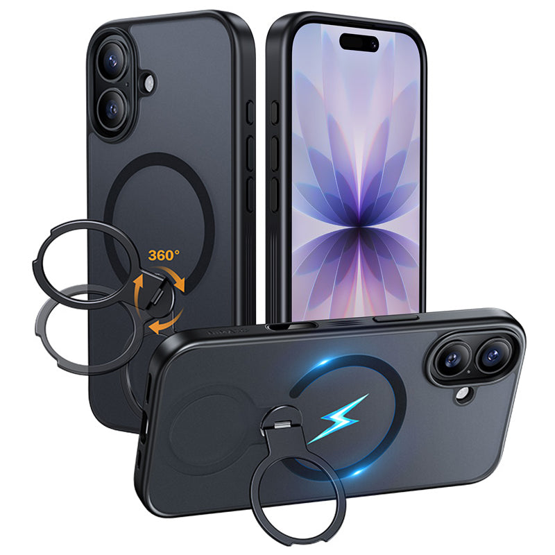 NIMASO iPhone 17/Pro/Pro Max/Air用 360°回転スタンドケース MagSafe対応 半透明 耐衝撃 スマホケース（黒羽シリーズ）