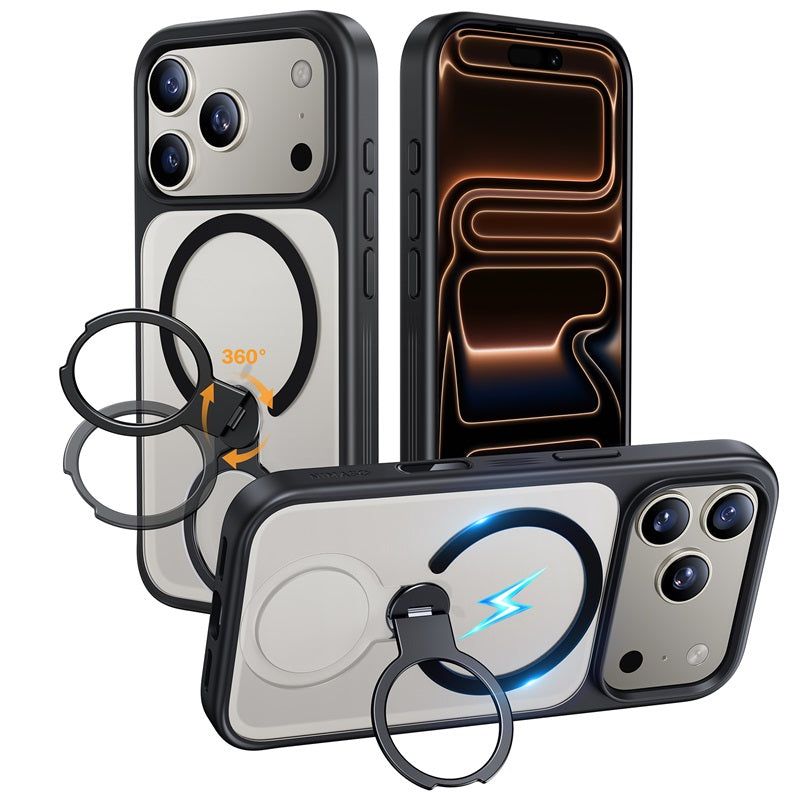 NIMASO iPhone 17/Pro/Pro Max/Air用 360°回転スタンドケース MagSafe対応 半透明 耐衝撃 スマホケース（黒羽シリーズ）