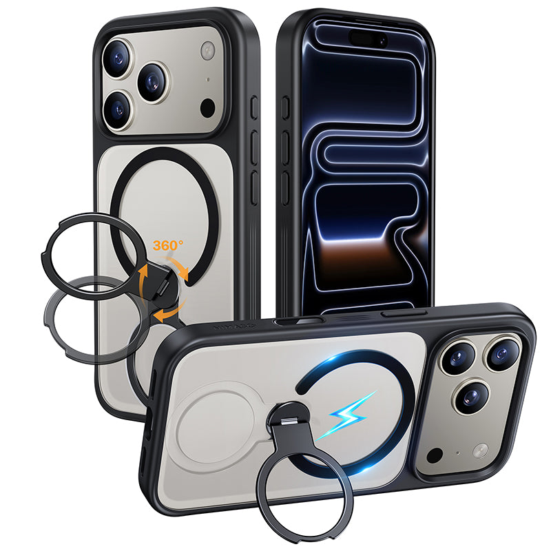 NIMASO iPhone 17/Pro/Pro Max/Air用 360°回転スタンドケース MagSafe対応 半透明 耐衝撃 スマホケース（黒羽シリーズ）