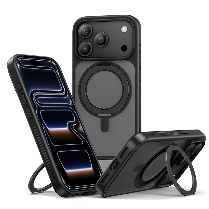 NIMASO iPhone 17/Pro/Pro Max/Air用 360°回転スタンドケース MagSafe対応 マット 防指紋 耐衝撃 （黒羽シリーズ）