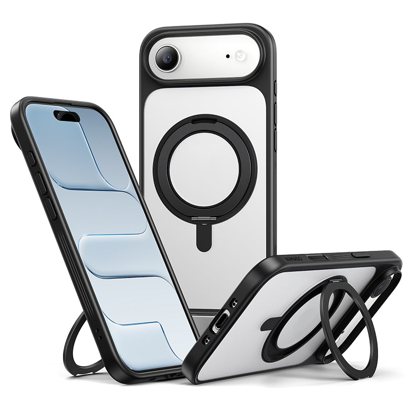 NIMASO iPhone 17/Pro/Pro Max/Air用 360°回転スタンドケース MagSafe対応 マット 防指紋 耐衝撃 （黒羽シリーズ）
