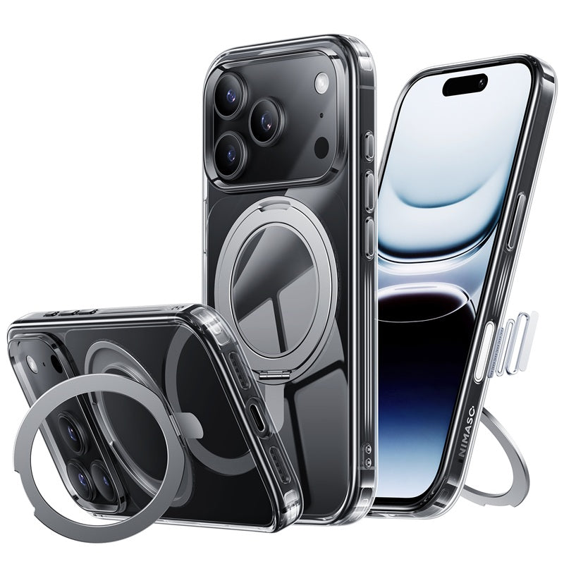NIMASO 360° Rotating Stand Case for iPhone 17/Pro/Pro Max/Air, Clear, MagSafe Compatible, Shockproof, and Anti-Yellowing (Ice Star Series) 