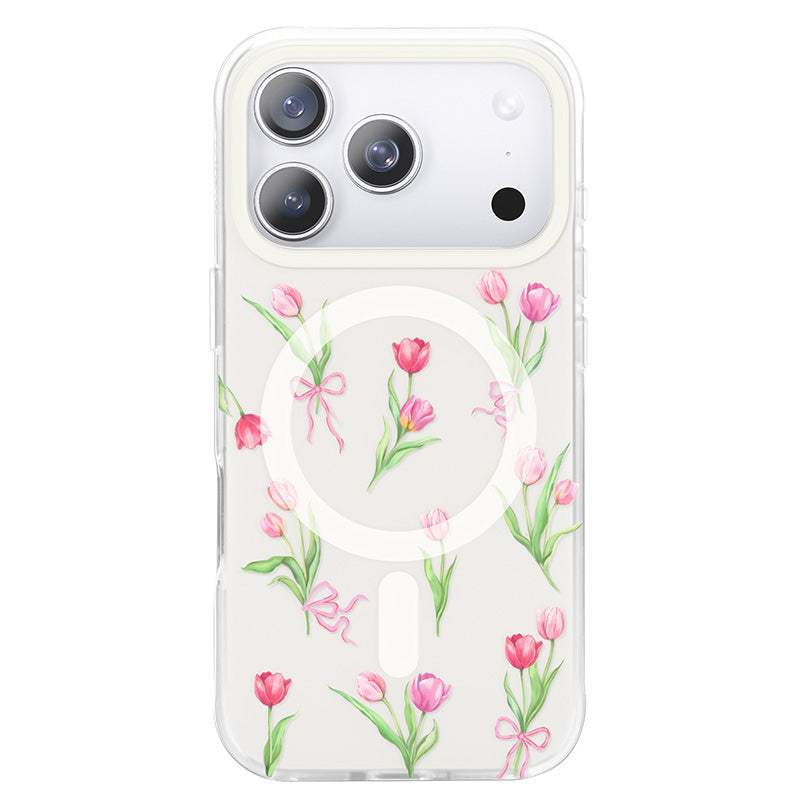 NIMASO iPhone 17/Pro/Pro Max/Air用 ケース MagSafe対応 かわいい おしゃれ 耐衝撃 ストラップホール付き（フローラルシリーズ）チューリップ