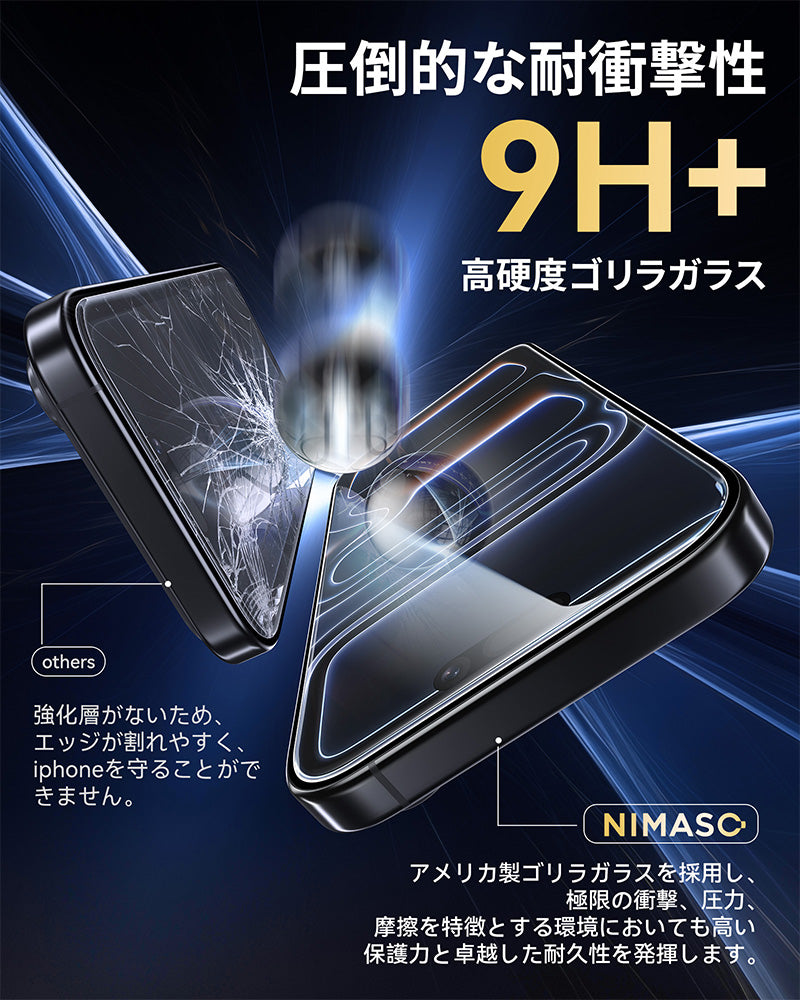 NIMASO iPhone 17/Pro/Pro Max/Air用 【バリ楽Box】 ゴリラガラスフィルム 硬度9H 自動除塵ガイド枠付き【2枚】