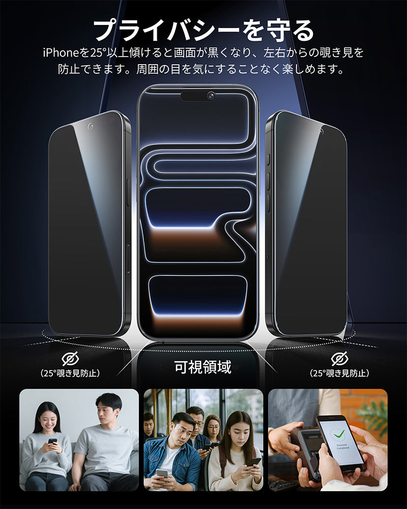 NIMASO iPhone 17/Pro/Pro Max/Air用 覗き見防止 強化ガラスフィルム 自動除塵ガイド枠付き 【2枚】