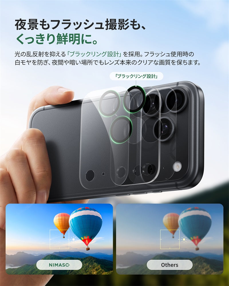 【2枚】一体型カメラフィルム クリア 高透過 レンズ保護 強化ガラス 傷防止 撮影そのまま 黒縁取り iPhone 17/18シリーズ用