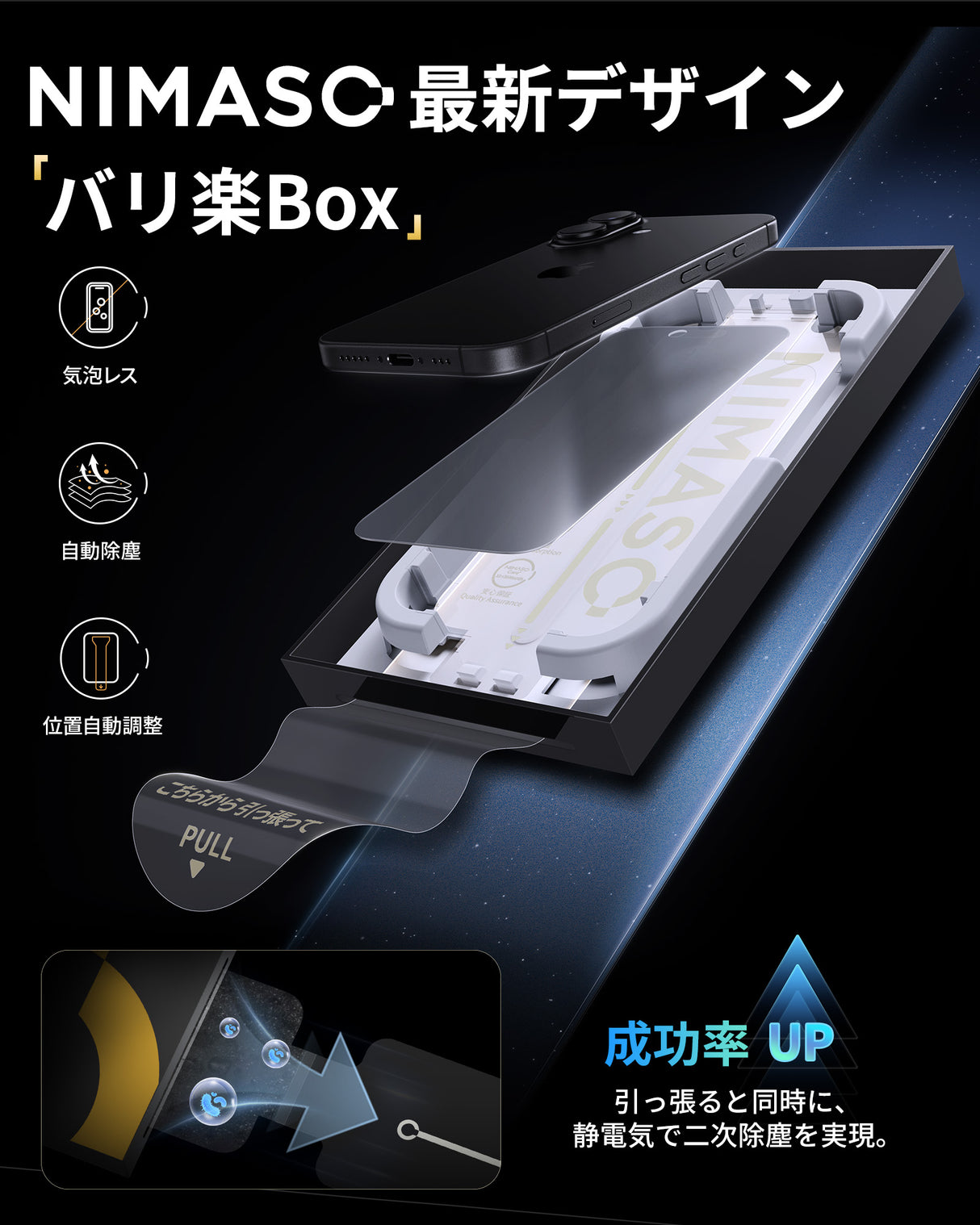 NIMASO  iPhone 16用 2in1 アンチグレア+覗き見防止 強化ガラスフィルム 耐衝撃 「バリ楽Box」ガイド枠付き【1枚】