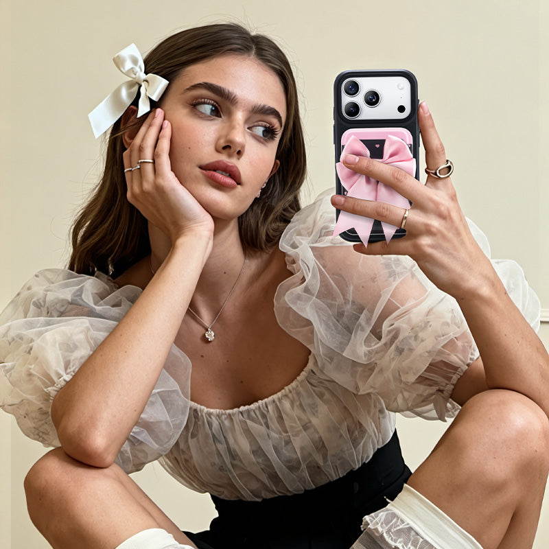 NIMASO MagSafe対応ウォレット カードケース リボン ブラック スマホ