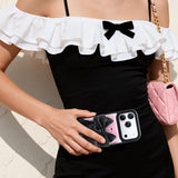 NIMASO MagSafe対応 カードケース チェッカーボード柄 スマホ 黒×ピンク