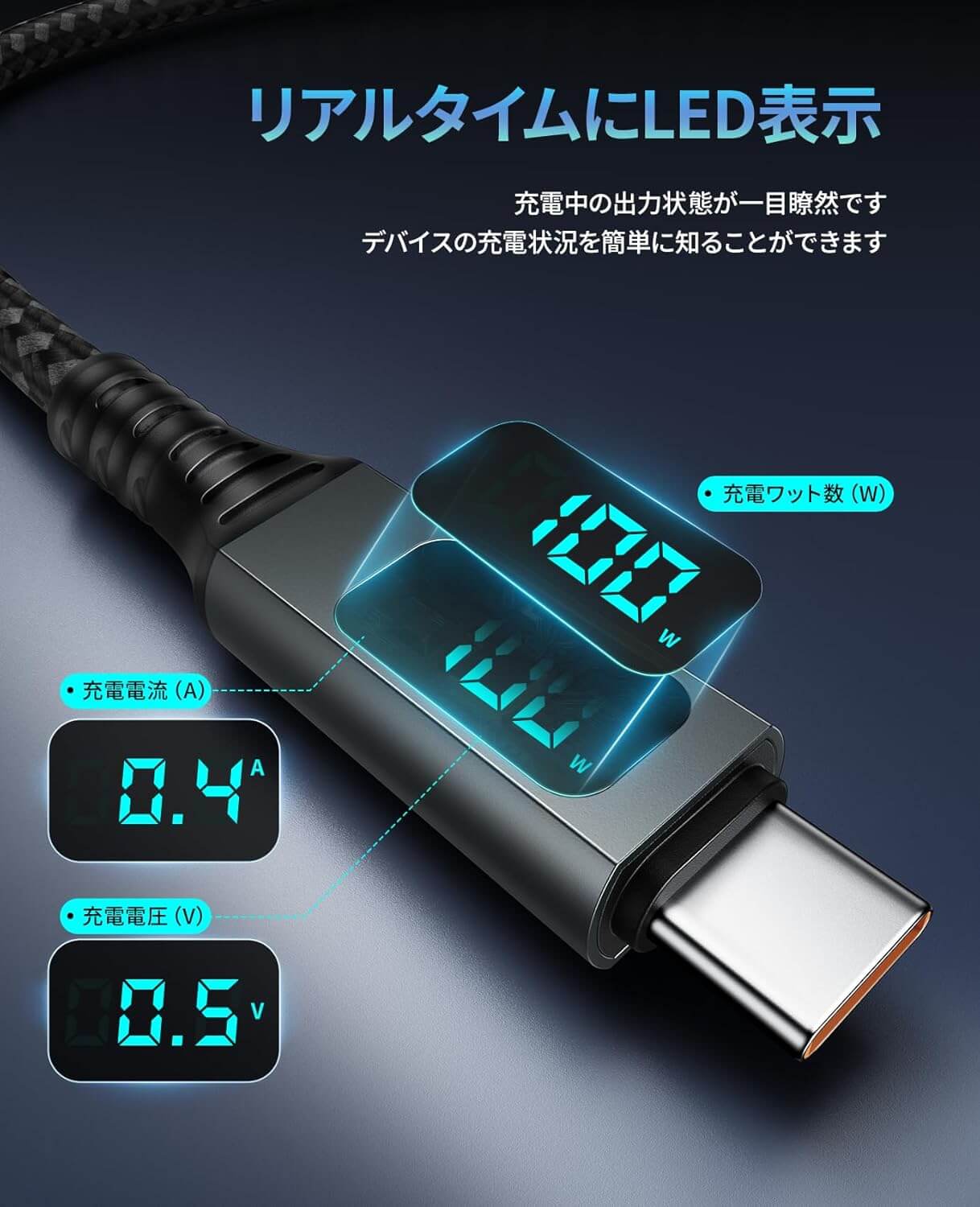 USB C Type C ケーブル 【100W/5A PD対応 LED出力スクリーン表示】